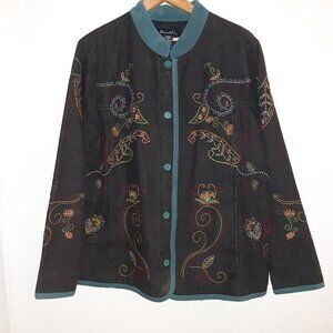 DENIM & CO Embroidered Denim Jacket Size L Floral Paisley Boho Black